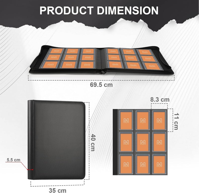 MOSLA Toploader Binder,Trading Card Binder Storage Hold up 288 Cards 9-Pocket Top Loader Binder with Sleeves for 3"x4" Rigid Toploaders Hard Cases (9Carbon Fiber Black) - Image 3